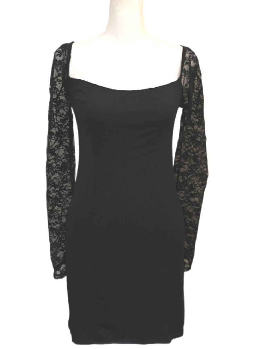 Forever 21 Black Stretchy Bodycon Mini Dress with Lace Sleeves Size Small NWT
